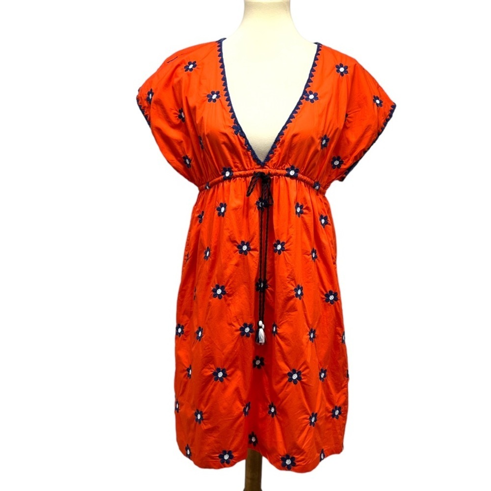 J. Crew Beach Wear Orange Cotton Poplin Embroidered Flowers Tunic Dress Small